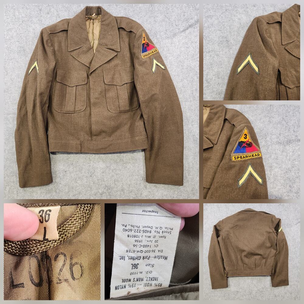Vintage US Army Ike Jacket Mens 36L Wool 3rd‎ Armored Spearhead 50s MIL-J-10801B